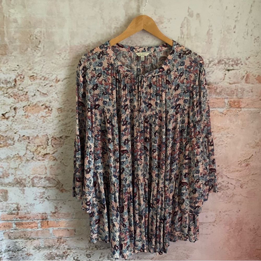 Lucky Brand Floral Tiered Peasant Top Bell Sleeves Boho Cottagecore